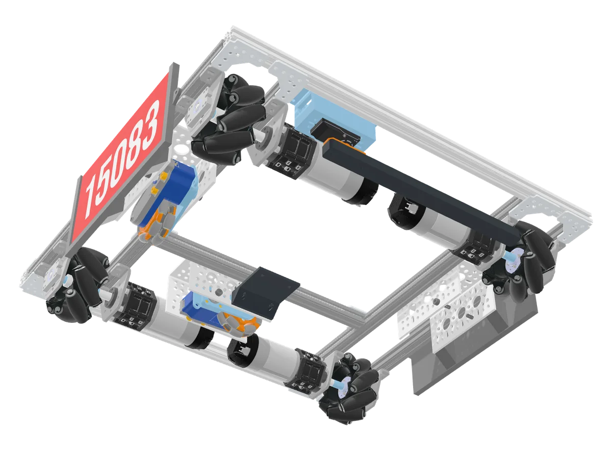 Underside of the drive base showing three dead-wheel odometry pods