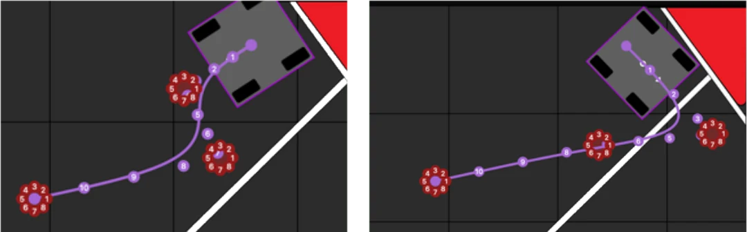 Two generated Bézier paths through clusters of balls