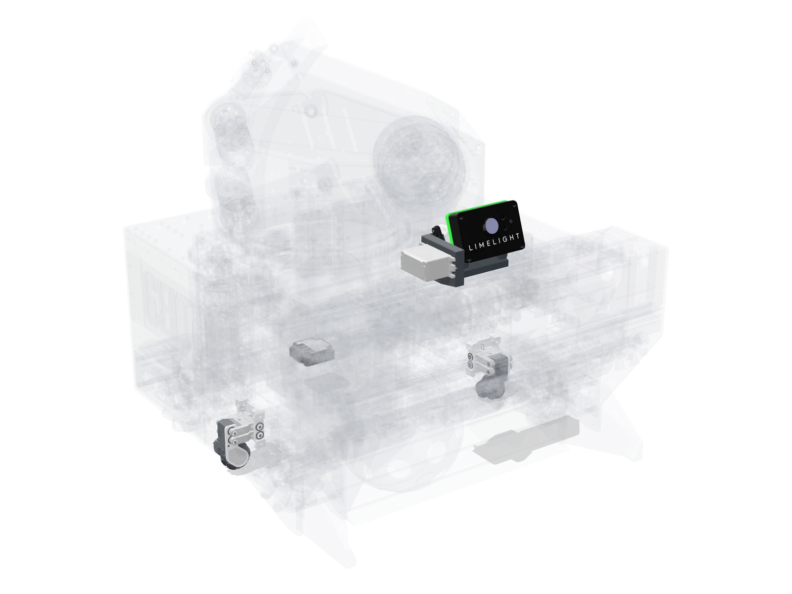 Robot with the localization hardware highlighted: Limelight, odometry pods and Pinpoint computer