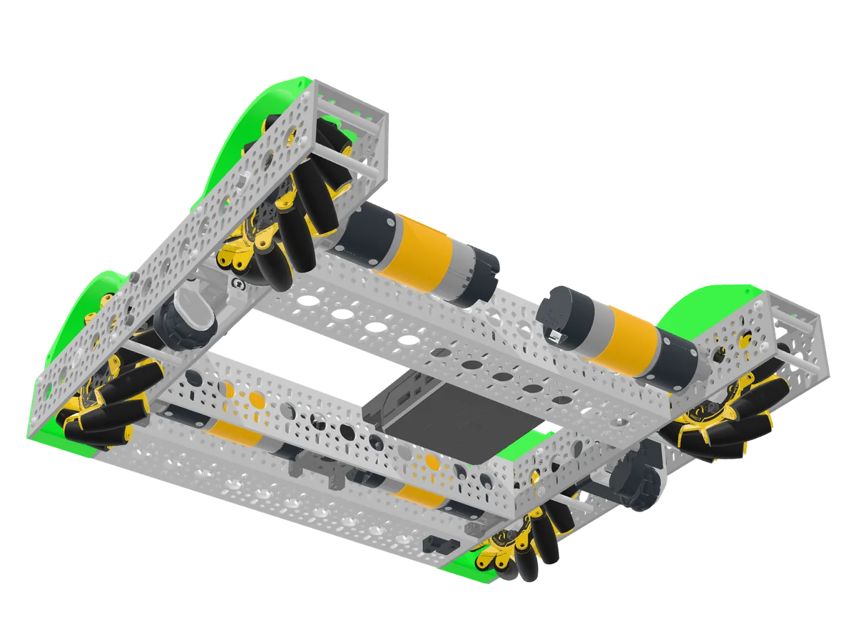 Underside of the drive base showing mecanum wheels, drive motors and odometry pods