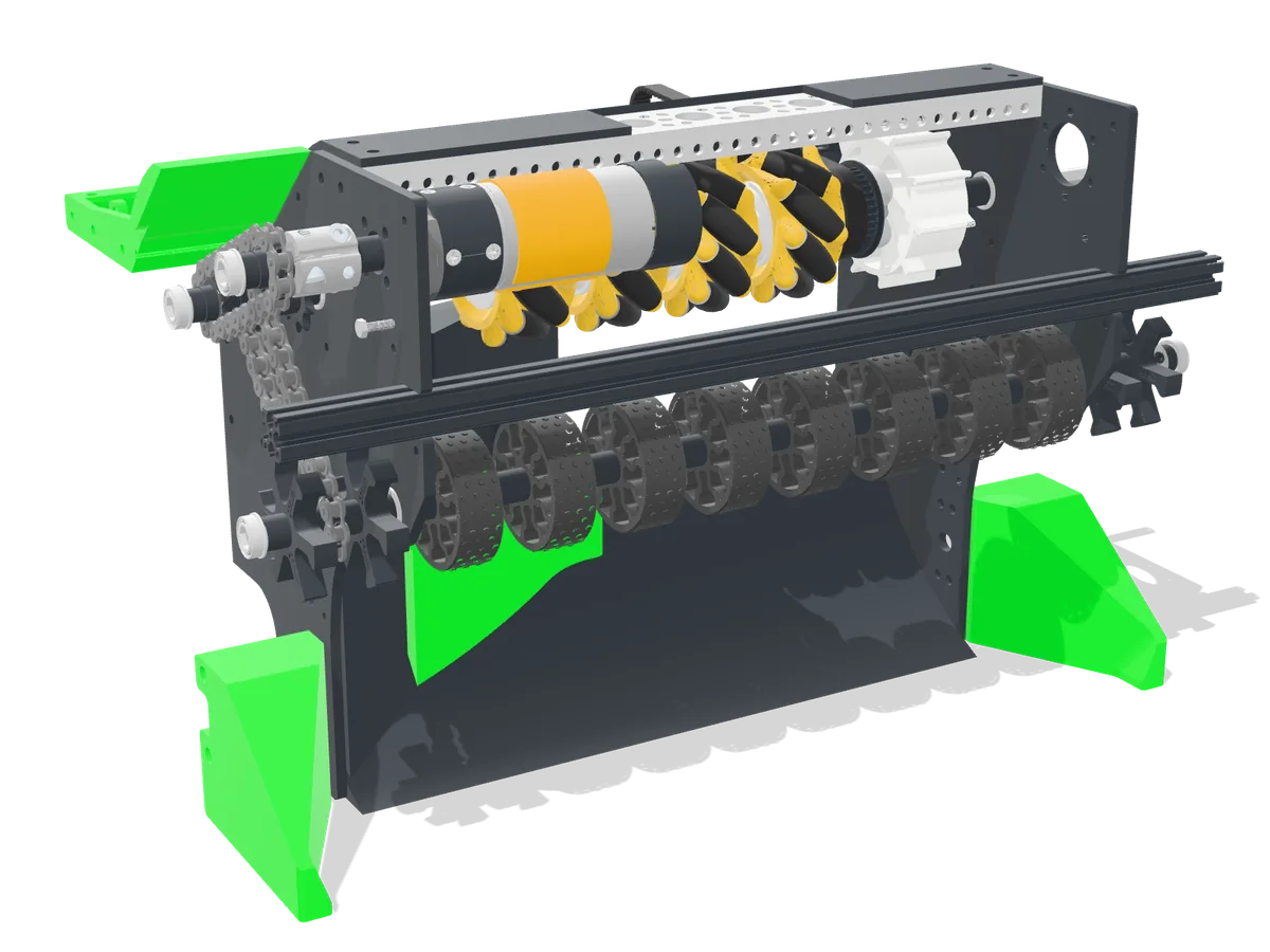 Intake assembly: compliant-wheel front roller and mecanum vectoring roller