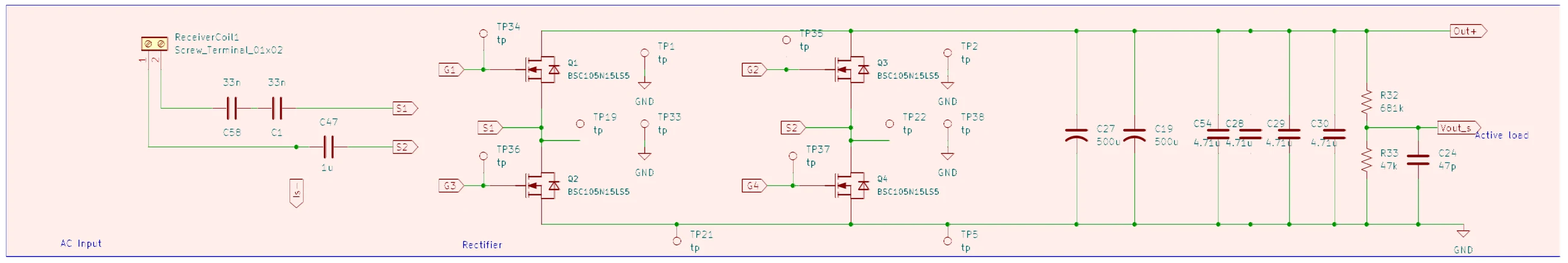 Schematic of the receiver-coil terminal, series capacitors, four-MOSFET rectifier bridge and output capacitor bank